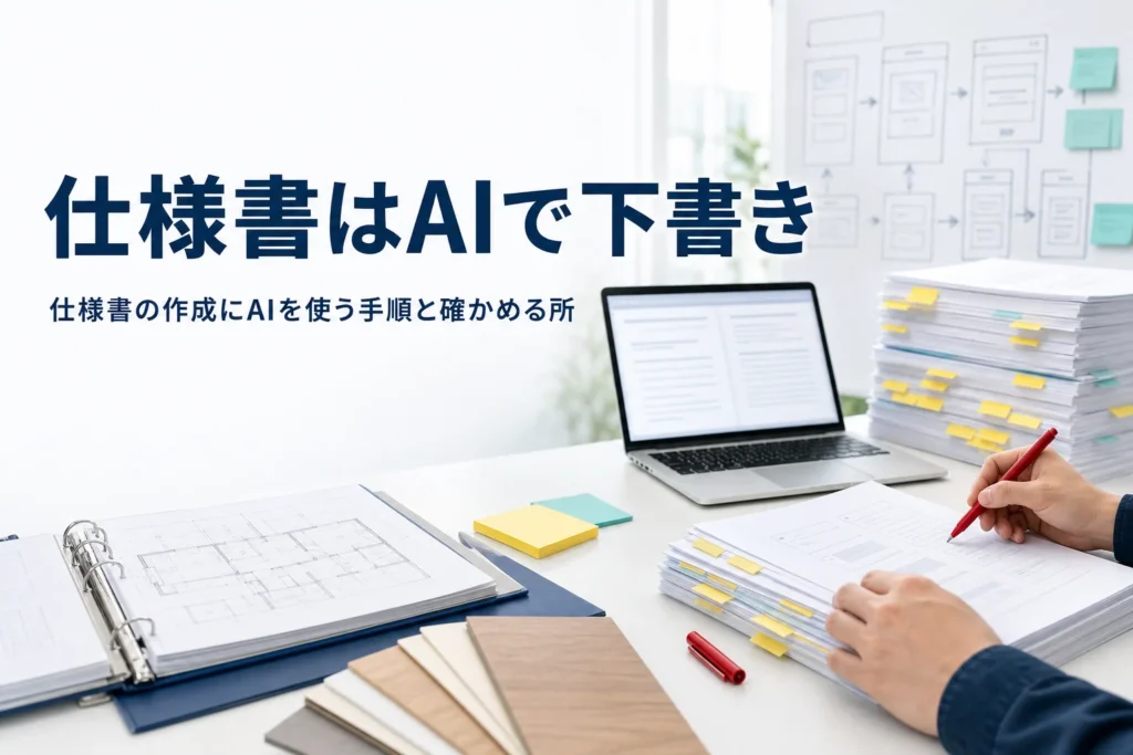 仕様書の作成にAIを使う手順と確かめる所を紹介する記事のアイキャッチ。ノートPCと付箋の貼られた書類