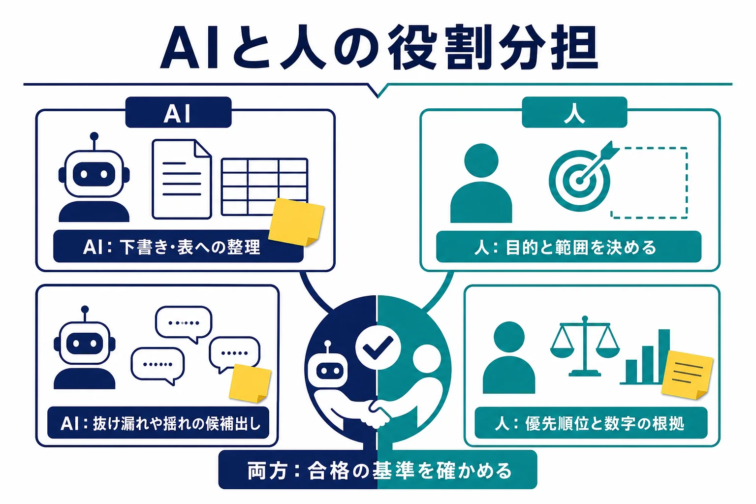 仕様書の作成で、AIに任せる所・人が決める所・両方で確かめる所を項目ごとに分けた役割表の図解