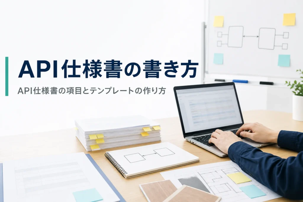 API仕様書の書き方とテンプレートの項目を解説する記事のアイキャッチ。机のノートPCとシステムのつながりを描いたノート