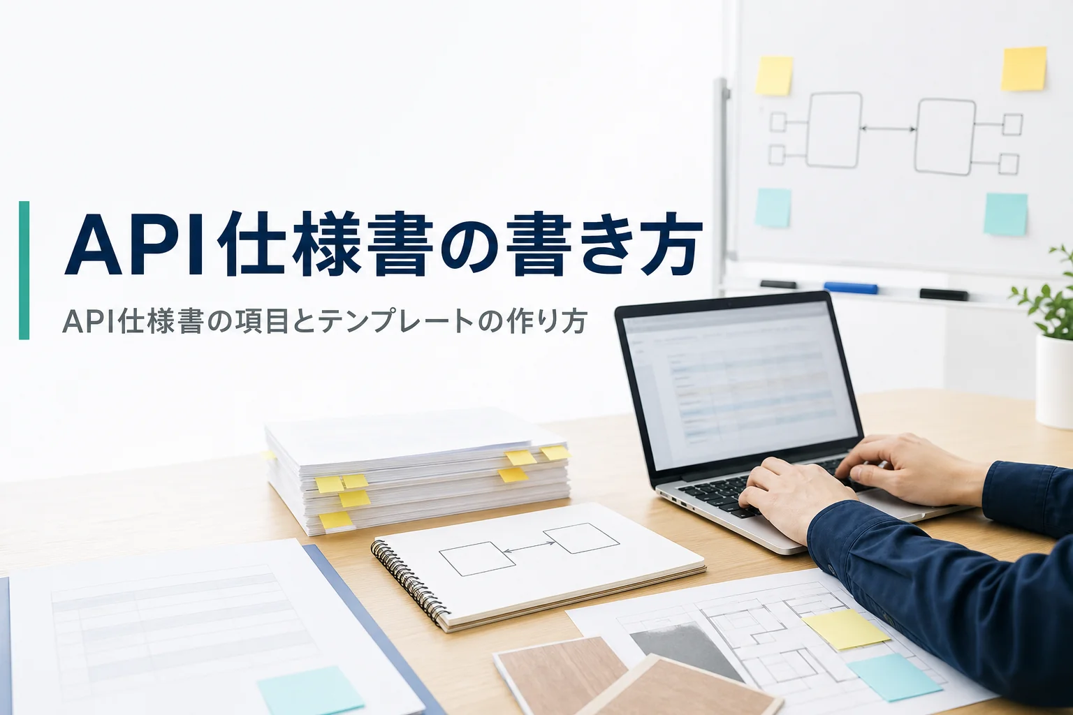 API仕様書の書き方とテンプレートの項目を解説する記事のアイキャッチ。机のノートPCとシステムのつながりを描いたノート