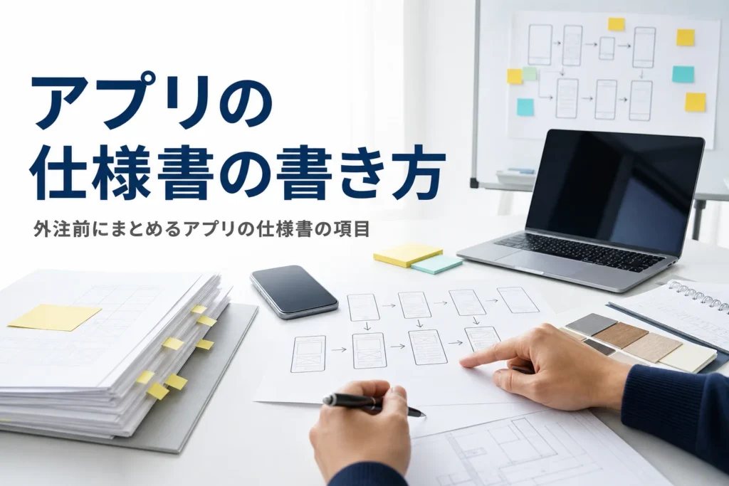アプリの仕様書の書き方と外注前にまとめておく項目を解説する記事のアイキャッチ。打合せテーブルの手描きの画面の流れとスマホ