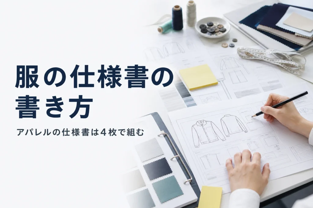 アパレル・服の仕様書（縫製仕様書）の書き方を紹介する記事のアイキャッチ。作業台に広げた仕様書と生地見本