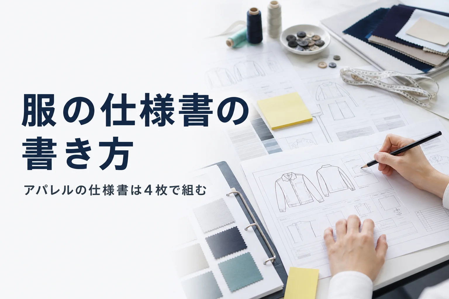 アパレル・服の仕様書(縫製仕様書)の書き方を紹介する記事のアイキャッチ。作業台に広げた仕様書と生地見本
