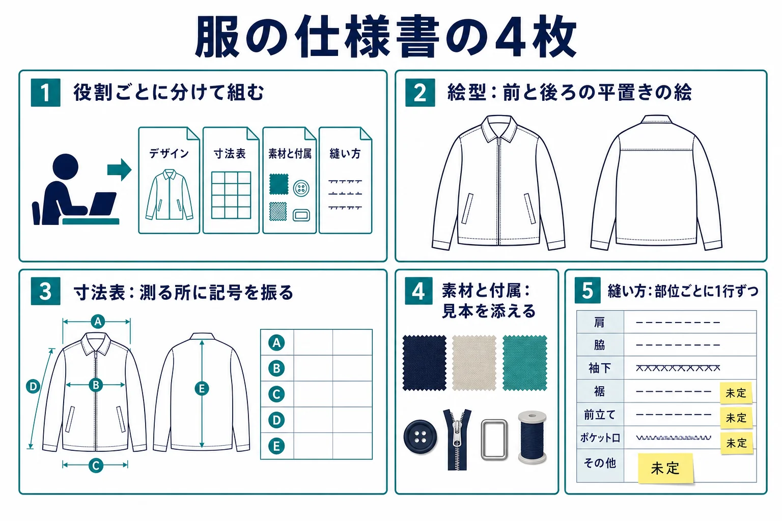 服の仕様書を絵型・寸法表・素材と付属・縫い方の4枚で組む記入表の図解