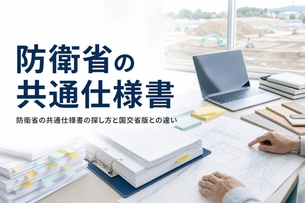 防衛省の共通仕様書の探し方を紹介する記事のアイキャッチ。現場事務所の机の図面と仕様書のバインダー