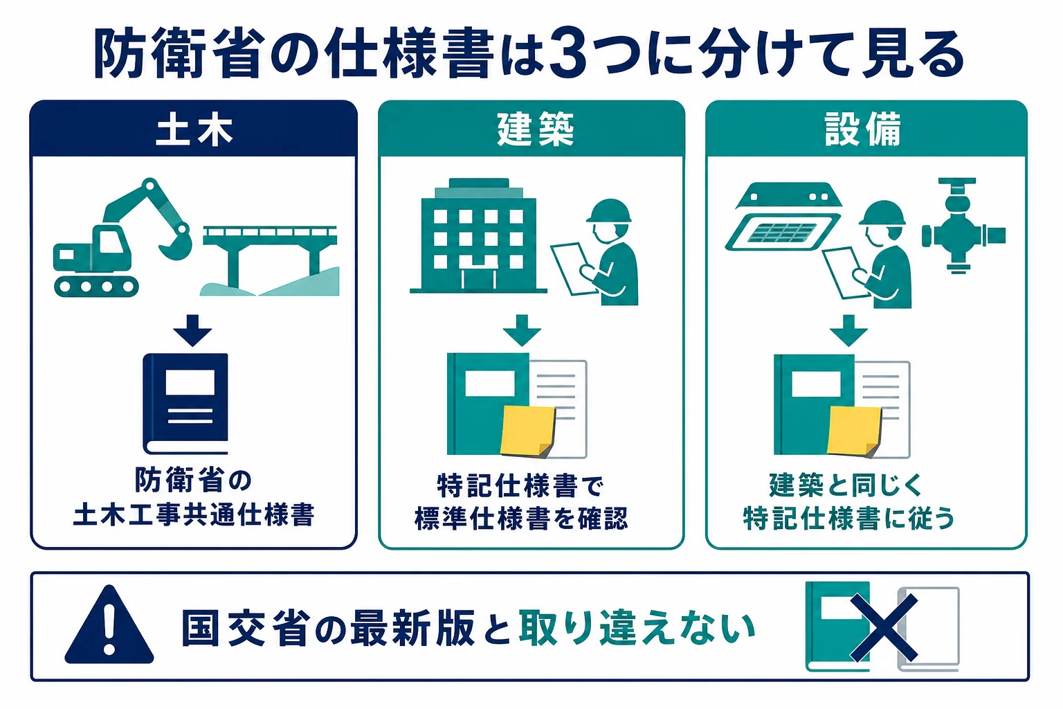 防衛省の仕様書を土木・建築・設備に分け、国土交通省の仕様書と並べて見る整理図