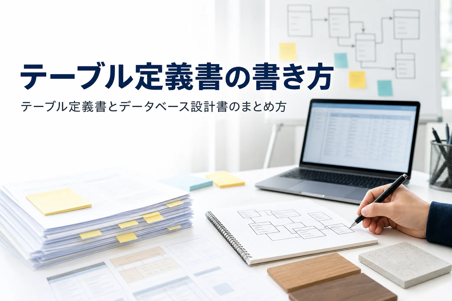 テーブル定義書・データベース設計書の書き方を解説する記事のアイキャッチ。机のノートPCとテーブルの関係図を描いたノート