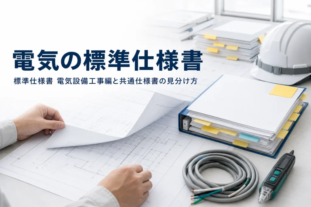 電気の標準仕様書として公共建築工事標準仕様書の電気設備工事編と共通仕様書の見分け方を紹介する記事のアイキャッチ