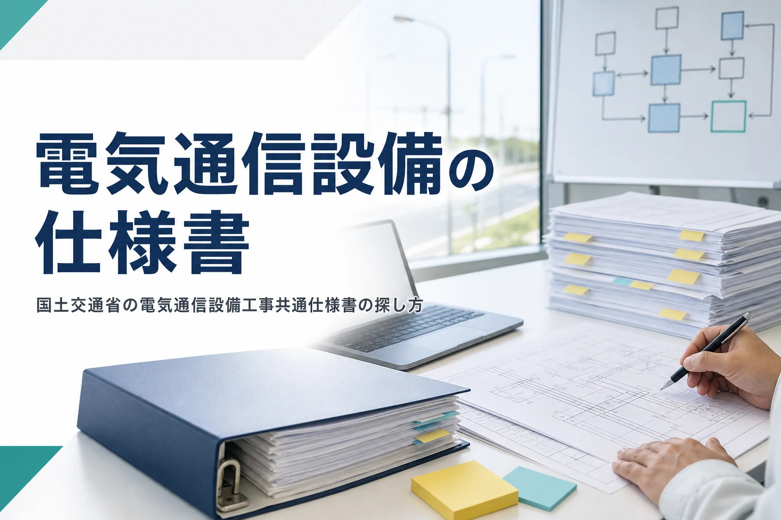 国土交通省の電気通信設備工事共通仕様書の版と探し方を紹介する記事のアイキャッチ。工事事務所の机の仕様書と配線図