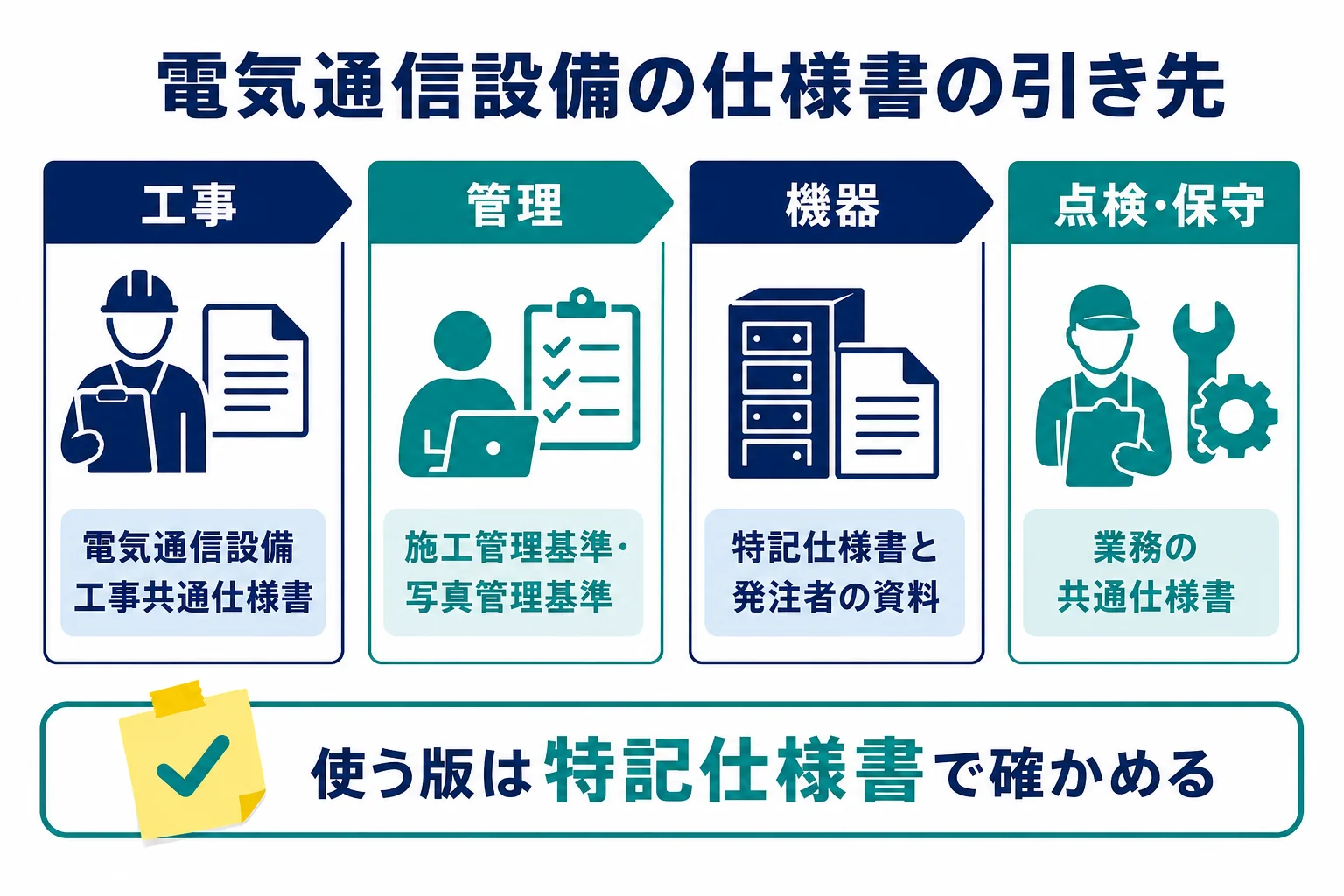 電気通信設備の仕様書を、工事・機器・点検の3つに分けて引き先を示した図