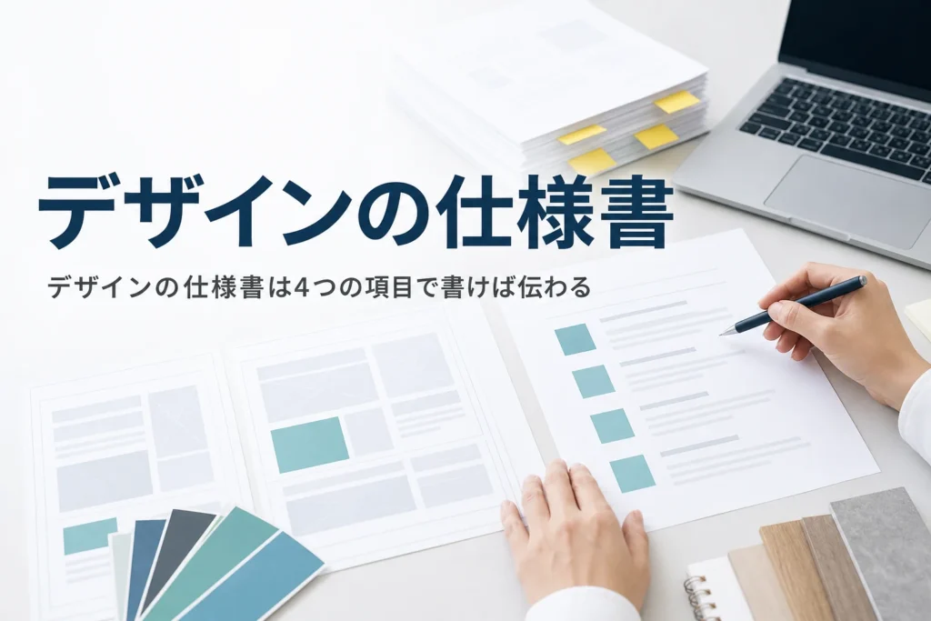 デザイン・印刷入稿の仕様書の書き方を紹介する記事のアイキャッチ。机に広げたラフ案と依頼書