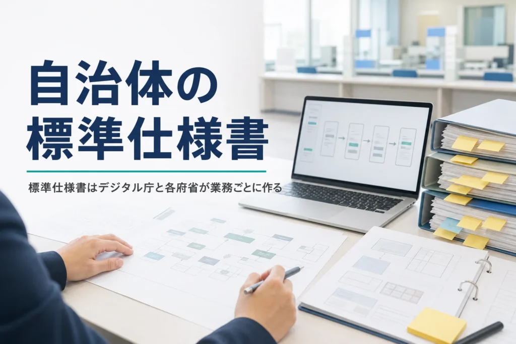自治体システム標準化の標準仕様書とデジタル庁・各府省の役割を紹介する記事のアイキャッチ。事務室の机の仕様書とノートPC