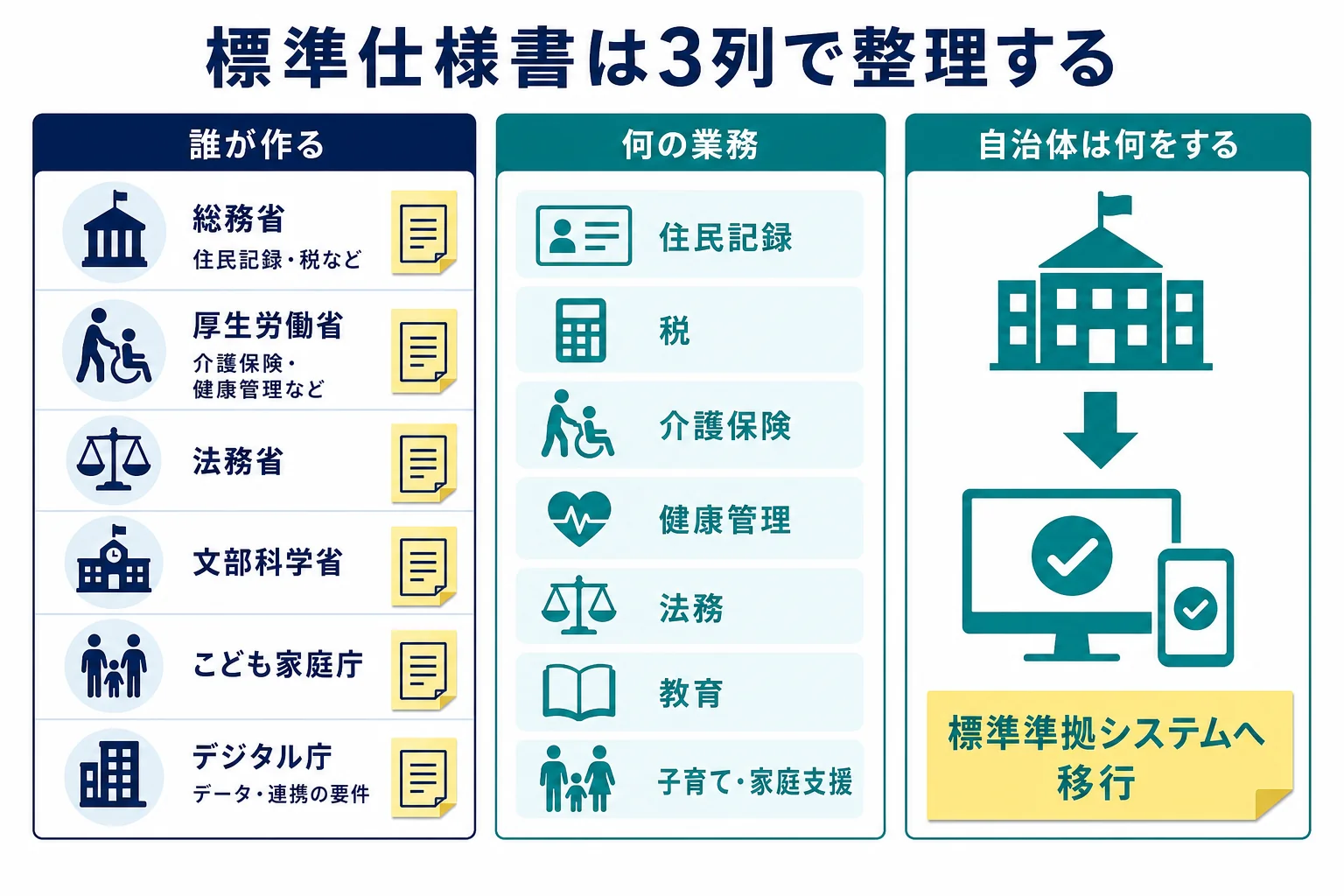 自治体システムの標準仕様書を所管府省・業務・自治体がすることの3列で整理した早見表の図解