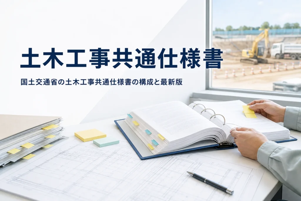 国土交通省の土木工事共通仕様書の構成と最新版の確かめ方を紹介する記事のアイキャッチ。現場事務所で仕様書と図面を確かめる手元