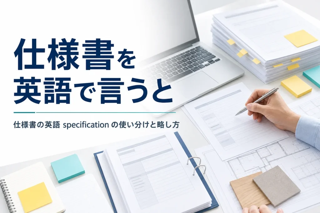 仕様書の英語の言い方と略し方を紹介する記事のアイキャッチ。机に並べた英語と日本語の仕様書