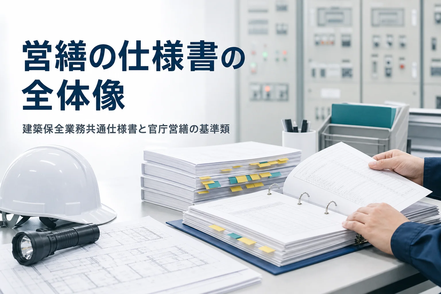 建築保全業務共通仕様書と官庁営繕の仕様書の全体像を紹介する記事のアイキャッチ。管理事務所の机の点検記録と仕様書