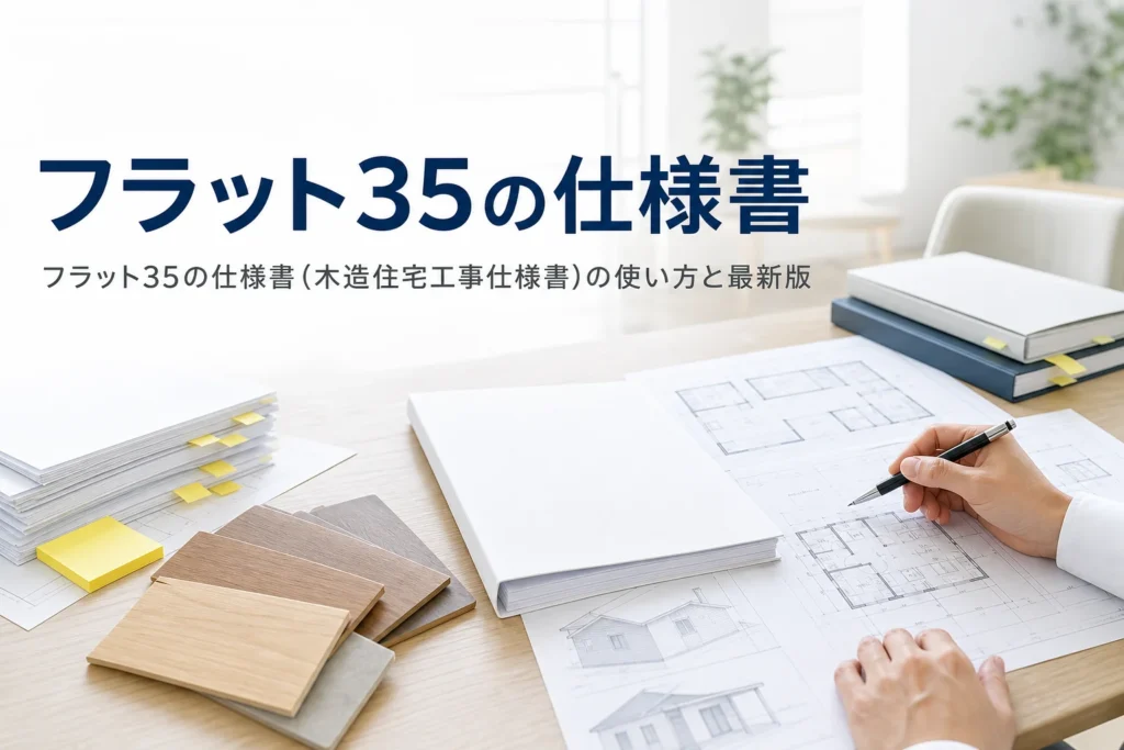 フラット35の木造住宅工事仕様書とは何か、使い方と最新版の確かめ方を紹介する記事のアイキャッチ。打合せテーブルの図面と仕様書