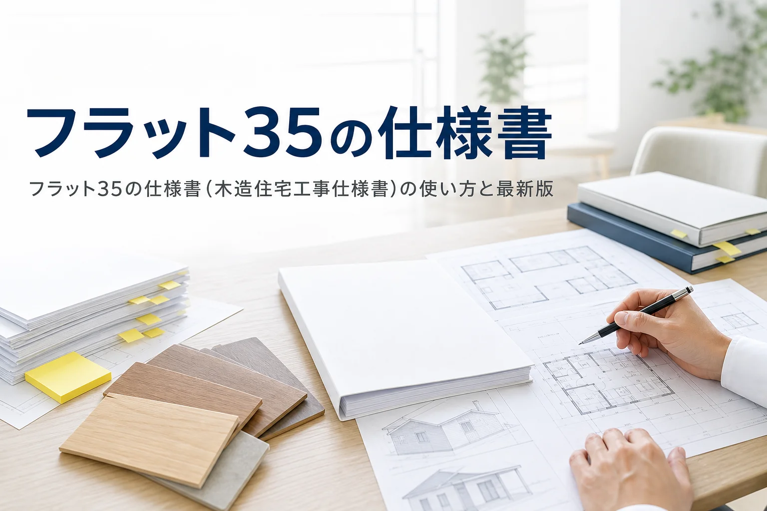 フラット35の木造住宅工事仕様書とは何か、使い方と最新版の確かめ方を紹介する記事のアイキャッチ。打合せテーブルの図面と仕様書