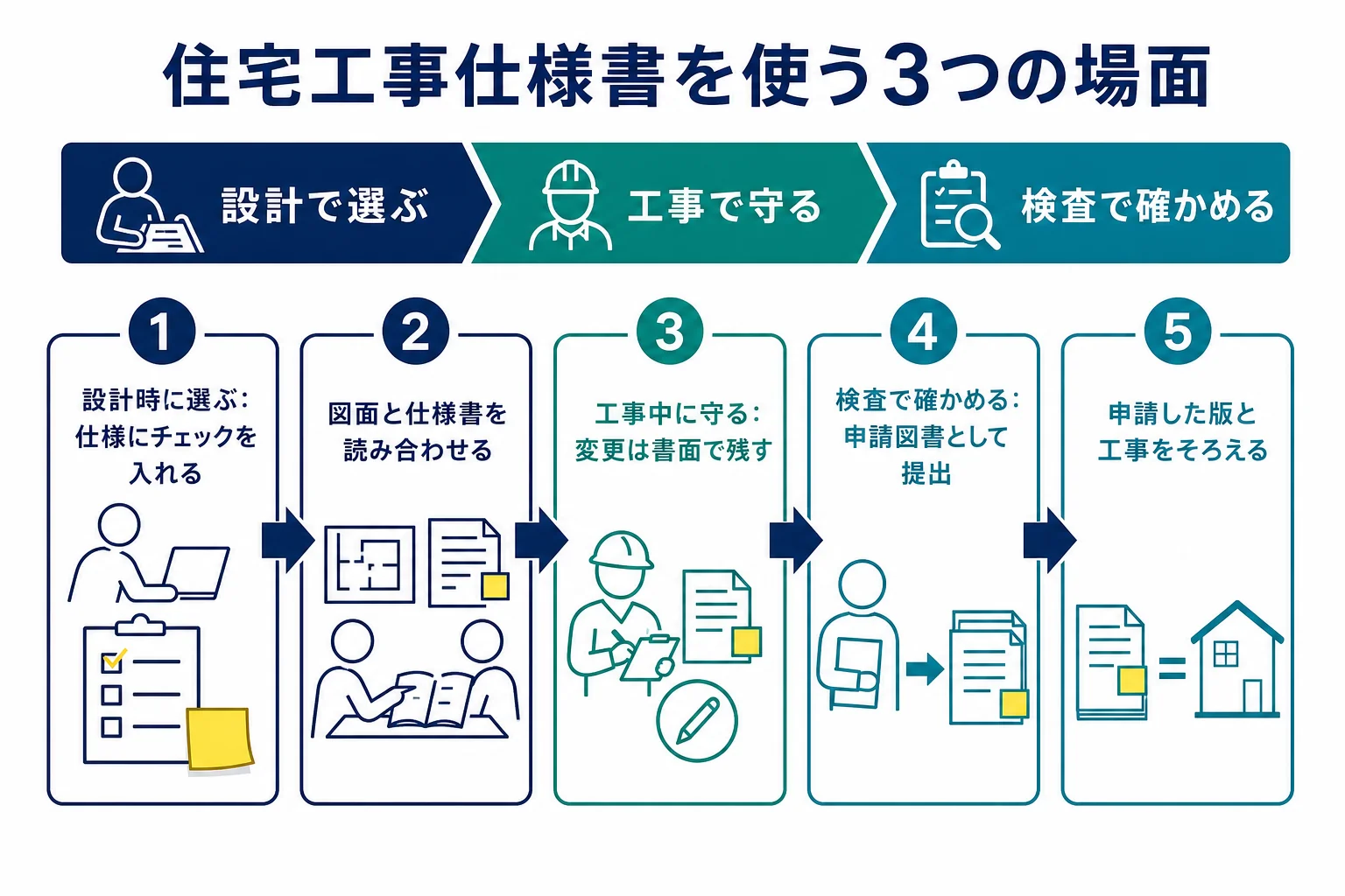 フラット35の住宅工事仕様書を設計時に選ぶ・工事中に守る・検査で確かめるの3場面に分けた流れ図