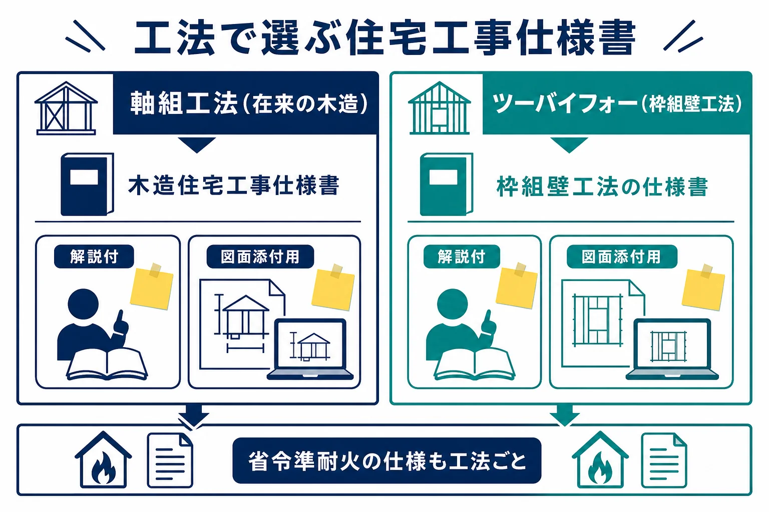 木造住宅工事仕様書と枠組壁工法住宅工事仕様書を、対象の工法・書籍版・デジタル版・省令準耐火の仕様で比べた図