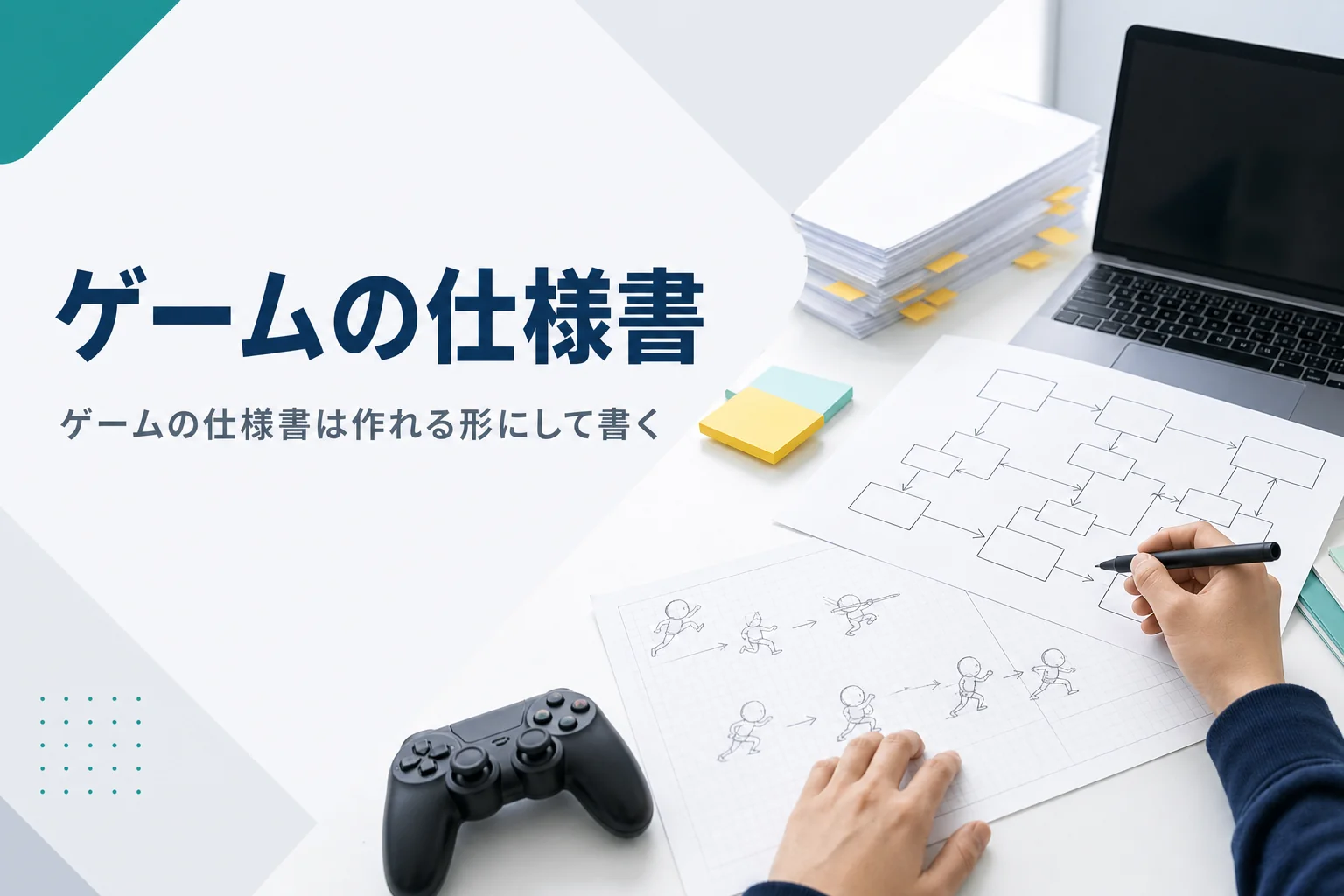 ゲームの仕様書の書き方と企画書との違いを解説する記事のアイキャッチ。作業机の手描きの画面の流れとコントローラー