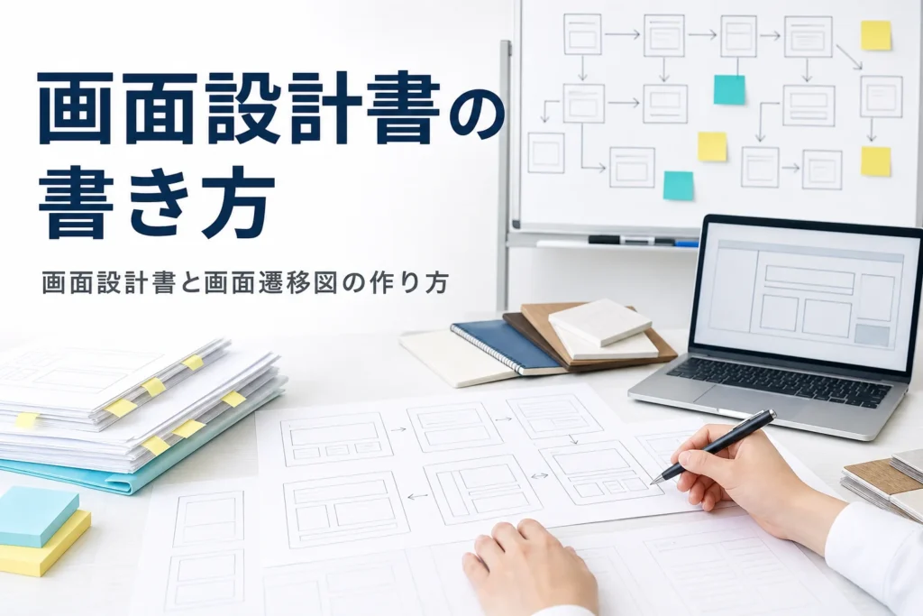 画面設計書・画面仕様書の書き方と画面遷移図の作り方を解説する記事のアイキャッチ。机の画面レイアウトの紙とノートPC