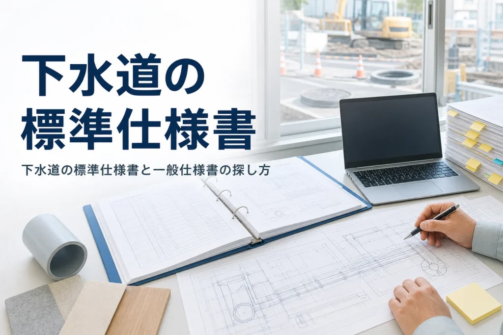 日本下水道事業団と東京都下水道局の標準仕様書の探し方を紹介する記事のアイキャッチ。現場事務所の机の仕様書と図面