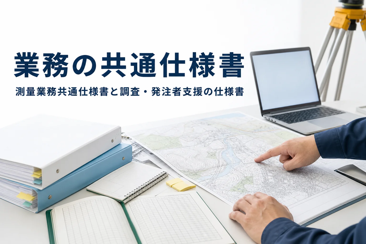測量業務共通仕様書など業務の共通仕様書を紹介する記事のアイキャッチ。地形図と仕様書のバインダーが並ぶ机