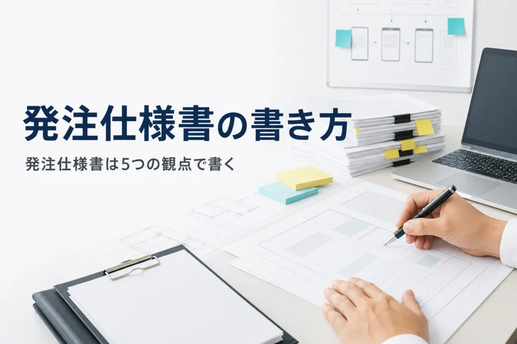 発注仕様書とは何かと書き方のコツを紹介する記事のアイキャッチ。オフィスの机の仕様書と発注書
