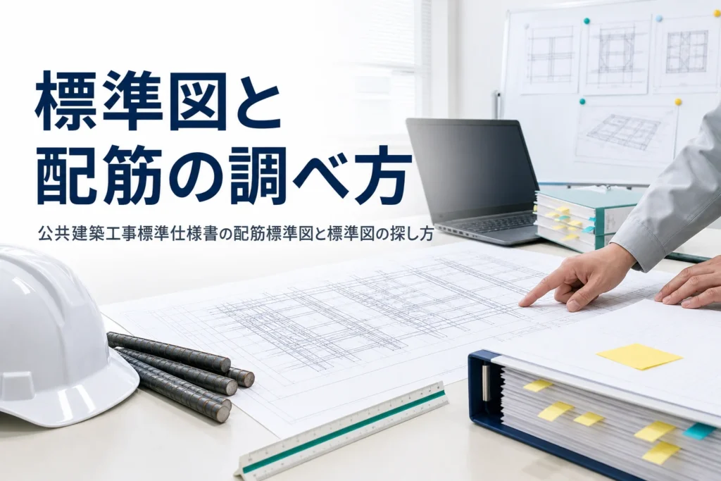 公共建築工事標準仕様書の標準図と配筋標準図の探し方を紹介する記事のアイキャッチ。構造図面と仕様書のバインダー