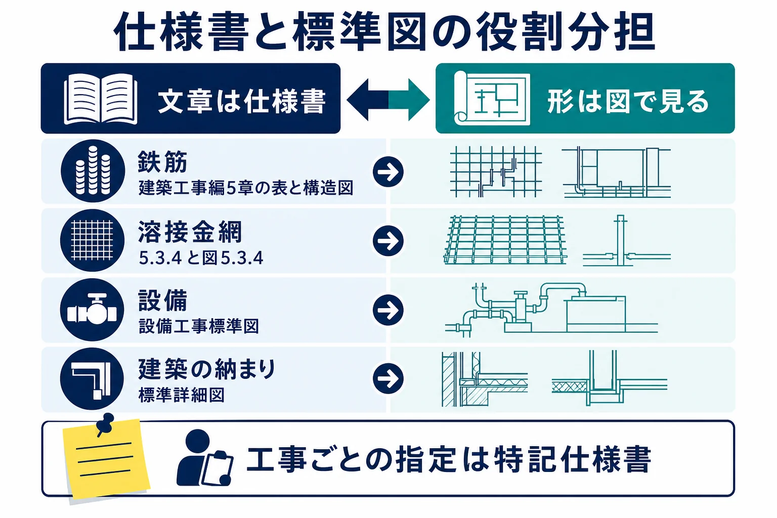 仕様書(文章)と標準図(図)の役割分担を、鉄筋・溶接金網・設備・建築の詳細の工事ごとに並べた図解