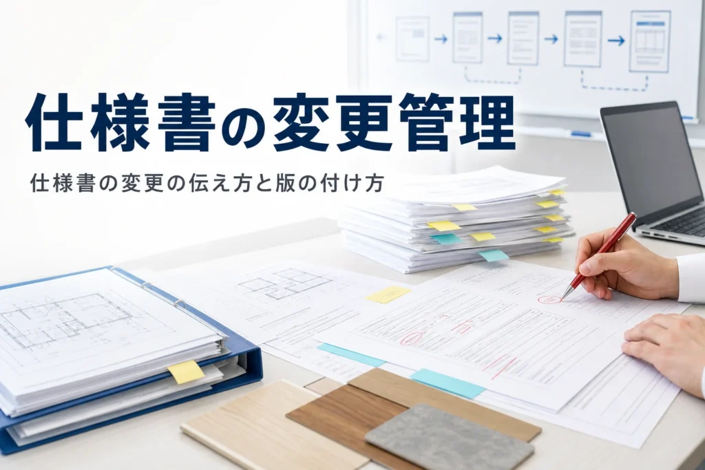 仕様書の変更管理と変更履歴の付け方を紹介する記事のアイキャッチ。打合せテーブルの仕様書と付箋