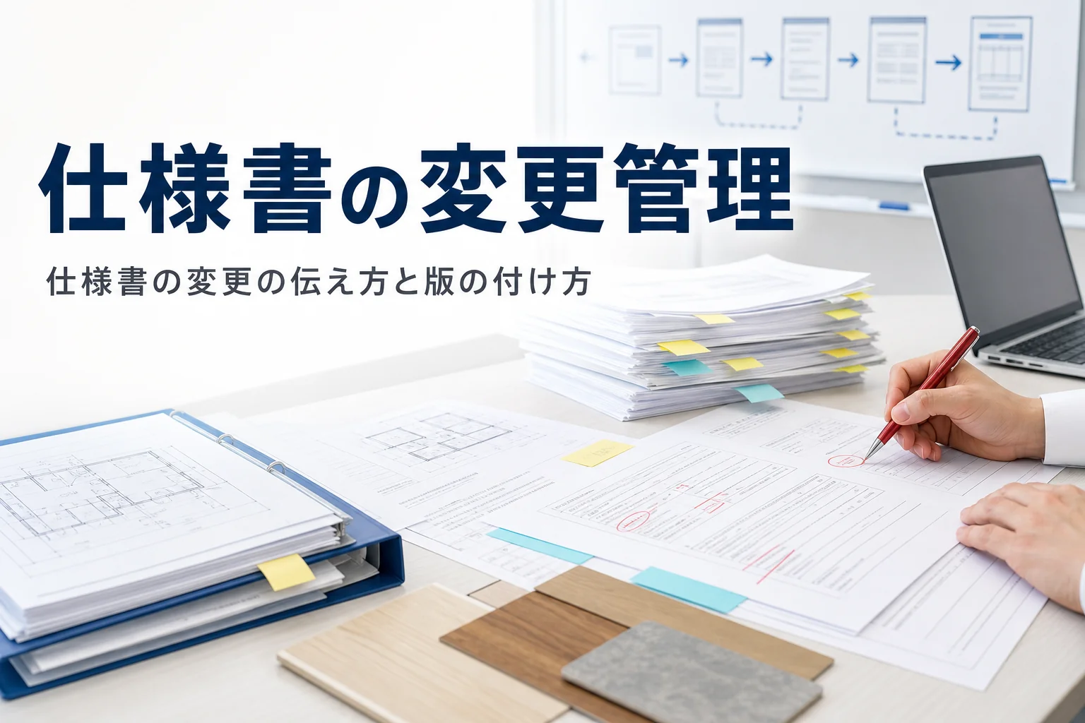 仕様書の変更管理と変更履歴の付け方を紹介する記事のアイキャッチ。打合せテーブルの仕様書と付箋