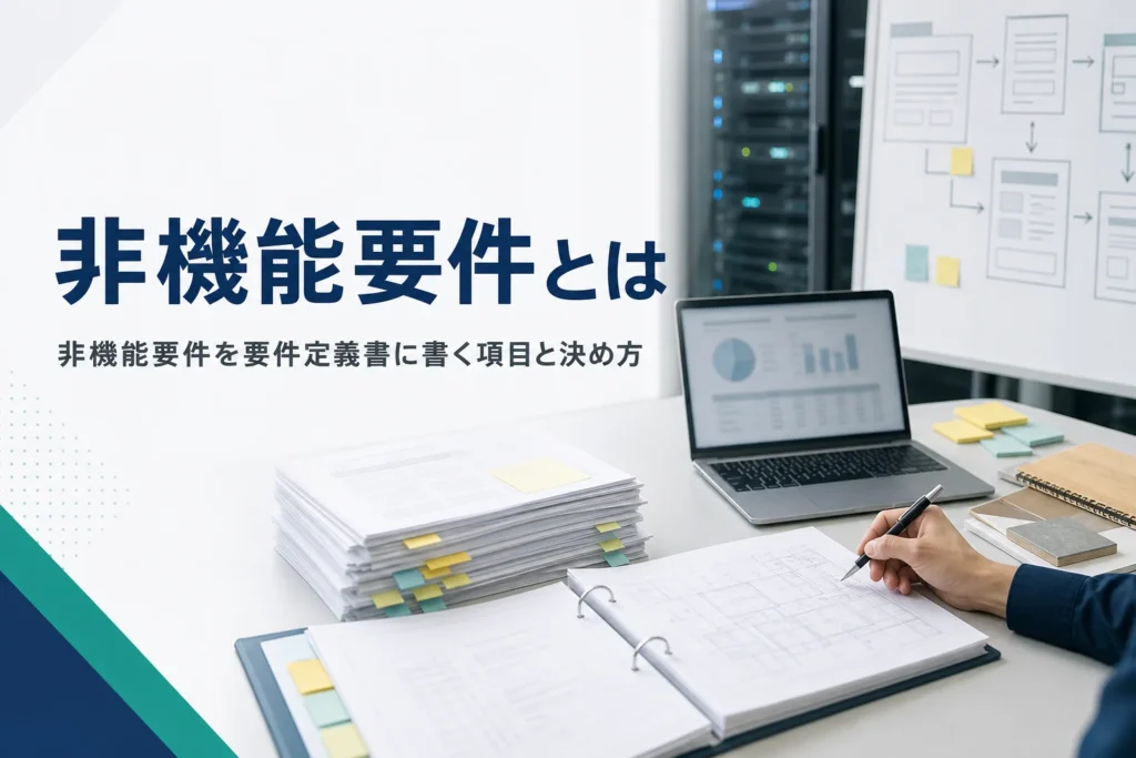 非機能要件とは何か、要件定義書に書く項目と決め方を解説する記事のアイキャッチ。オフィスの机の書類とノートPC