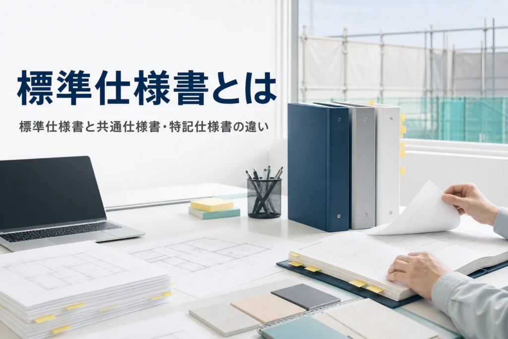 標準仕様書とは何か、共通仕様書・特記仕様書との違いを紹介する記事のアイキャッチ。現場事務所の仕様書のバインダー