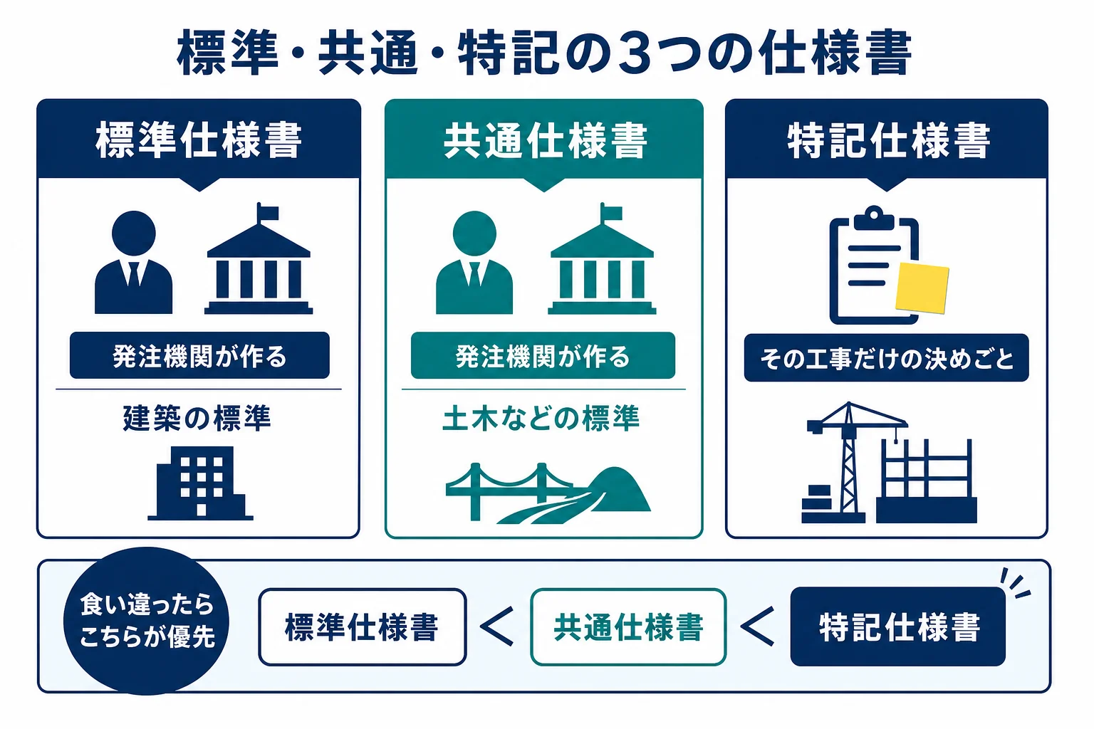 標準仕様書・共通仕様書・特記仕様書を誰が作るか・どの工事に使うか・優先順位で比べた図解