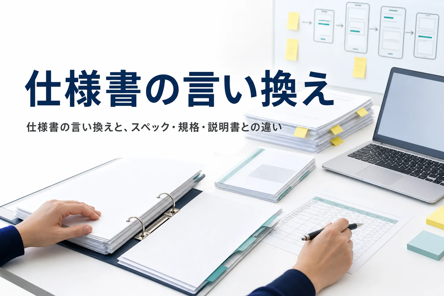 仕様書の言い換えと類語の違いを解説する記事のアイキャッチ。机に並んだ仕様書と説明書と表