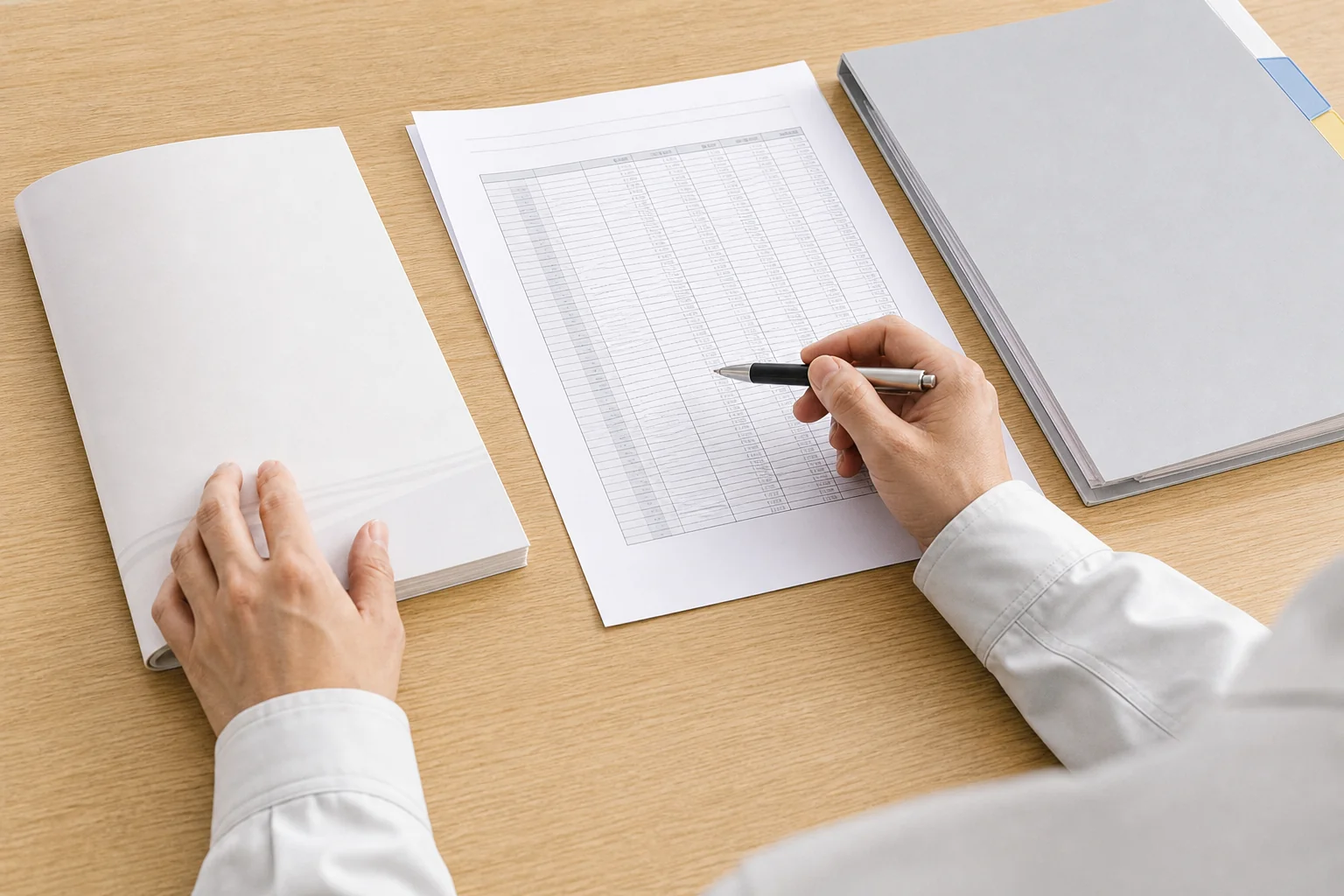 製品のスペック表と取扱説明書、仕様書のバインダーを机の上で並べて見比べている手元