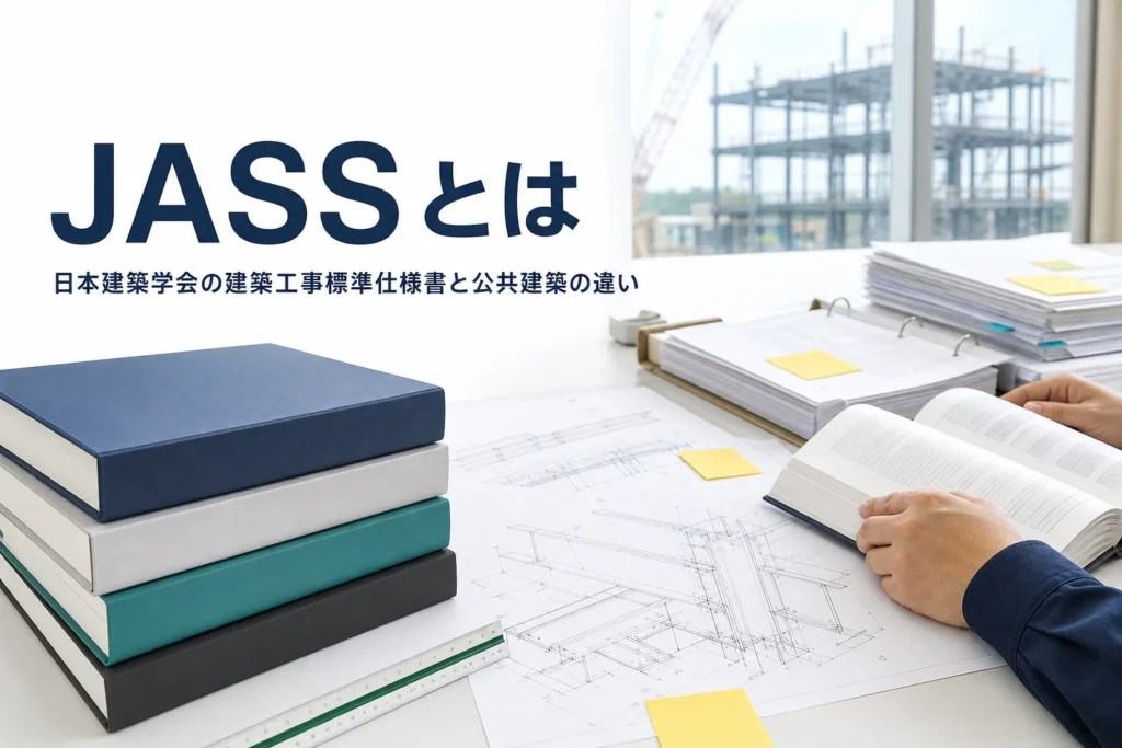 日本建築学会の建築工事標準仕様書（JASS）と公共建築工事標準仕様書の違いを紹介する記事のアイキャッチ。テーブルに積まれた仕様書の本と図面