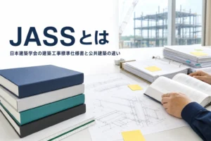 日本建築学会の建築工事標準仕様書（JASS）と公共建築工事標準仕様書の違いを紹介する記事のアイキャッチ。テーブルに積まれた仕様書の本と図面