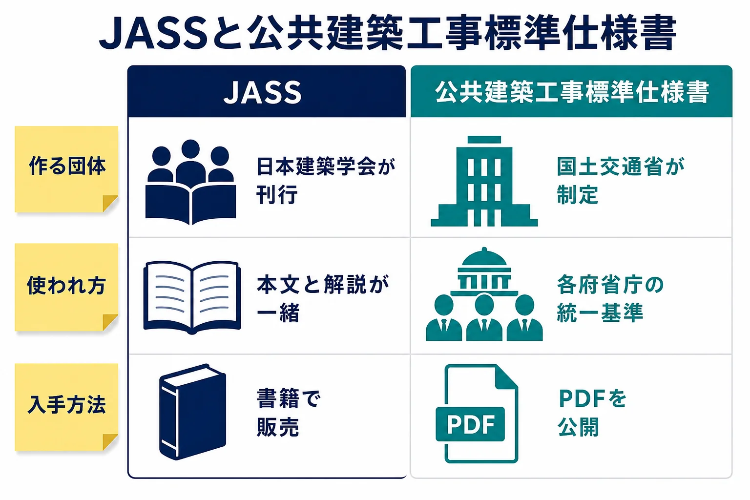 JASSと公共建築工事標準仕様書を、作る団体・使われ方・入手方法で比べた図
