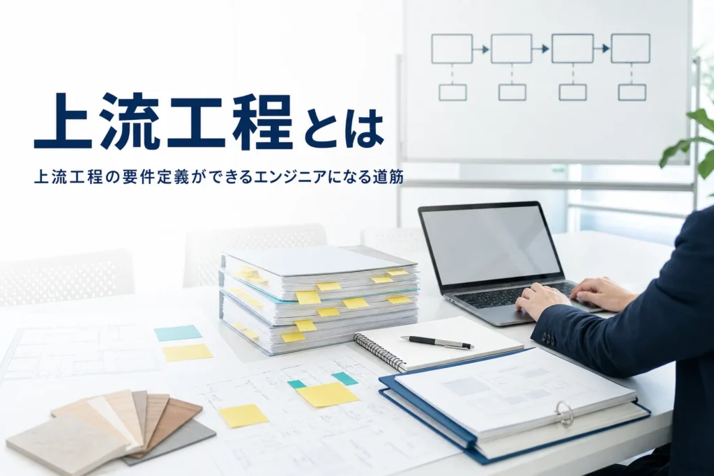 上流工程と要件定義ができるエンジニアになる道筋を紹介する記事のアイキャッチ。会議室の机に要件定義書とノートPCが並ぶ