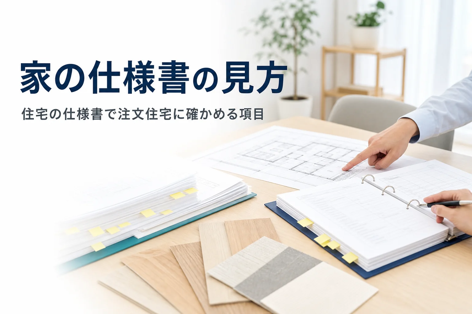 住宅(家)の仕様書とは何か、注文住宅で確かめる項目と見方を紹介する記事のアイキャッチ。打合せテーブルの図面と仕様書、床材サンプル