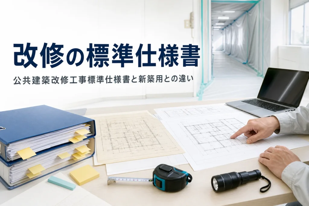 公共建築改修工事標準仕様書と新築の標準仕様書との違いを紹介する記事のアイキャッチ。改修工事の現場事務所の図面と仕様書