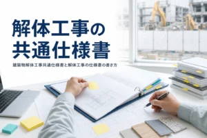 建築物解体工事共通仕様書と解体工事の仕様書の書き方を紹介する記事のアイキャッチ。現場事務所で仕様書と図面を確かめる手元