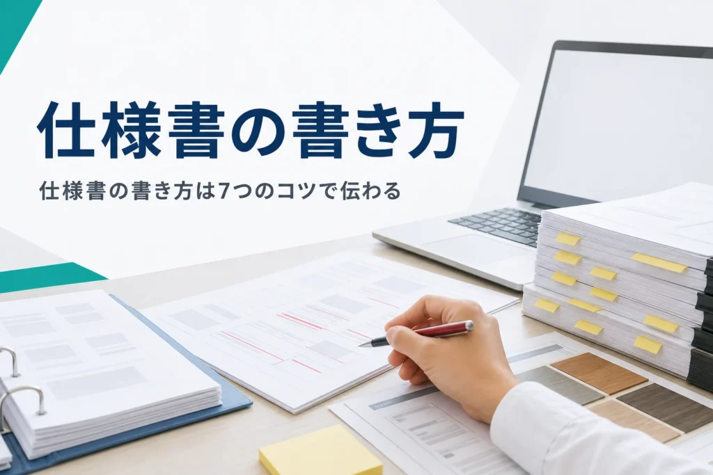 仕様書の書き方と誰が読んでも同じに伝わる7つのコツを紹介する記事のアイキャッチ。机の書類とノートPCで仕様書を書く手元