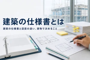 建築の仕様書とは何か、図面との違いと建物で決めることを紹介する記事のアイキャッチ。現場事務所の机の図面と仕様書