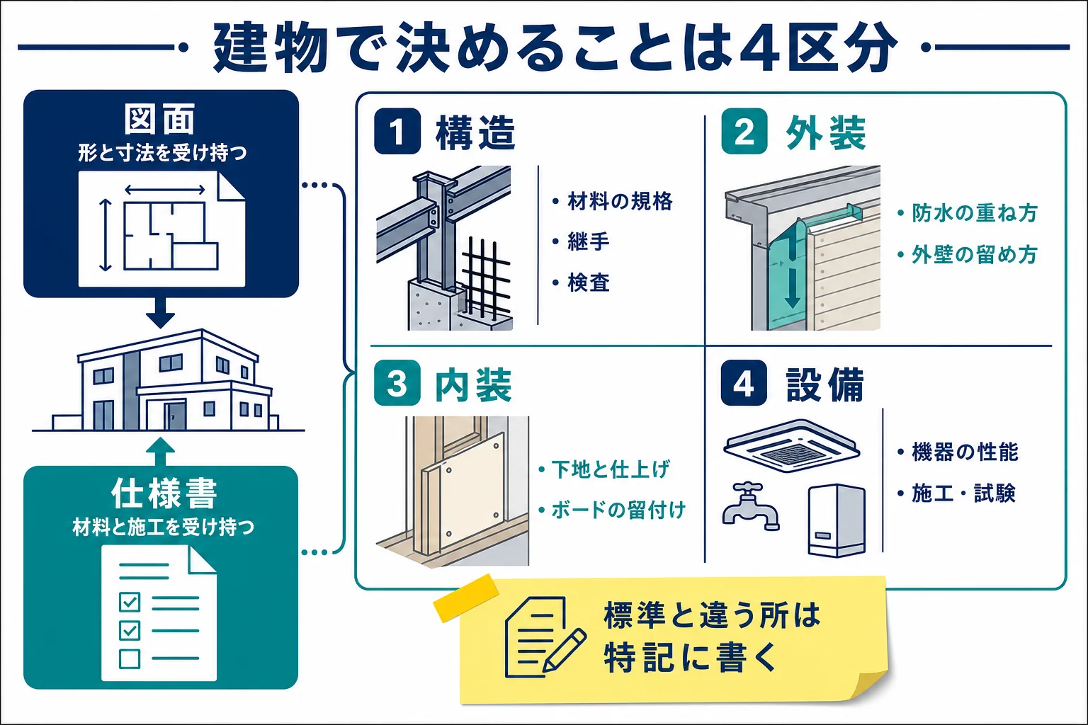 建物で決めることを構造・外装・内装・設備の4区分に分け、図面と仕様書の受け持ちを示した早見図