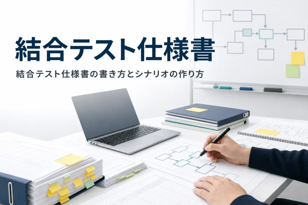 結合テスト仕様書の書き方とシナリオの作り方を紹介する記事のアイキャッチ。机の上の流れ図と表の書類