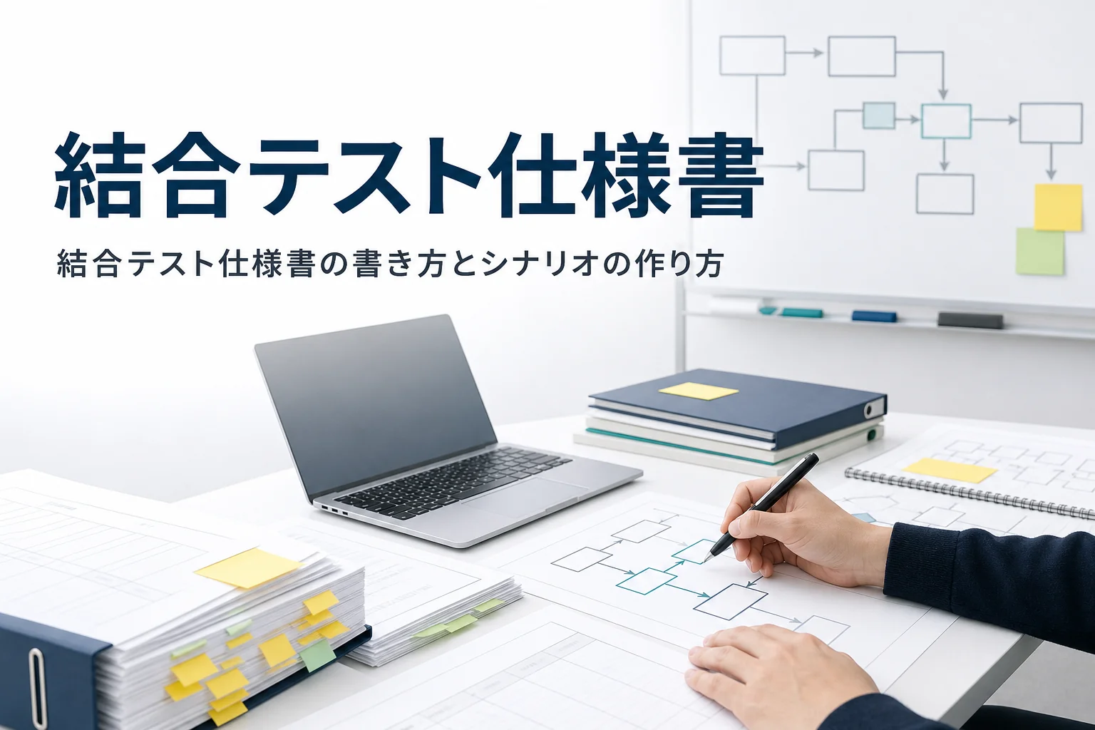 結合テスト仕様書の書き方とシナリオの作り方を紹介する記事のアイキャッチ。机の上の流れ図と表の書類